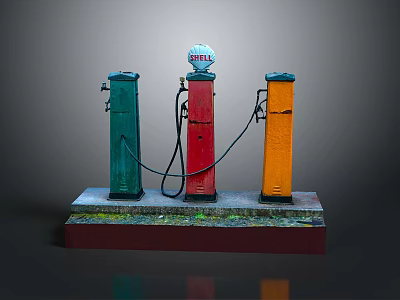 Vintage Shell Gasoline Pump Models In Green Red Orange With Mossy Base 3d model