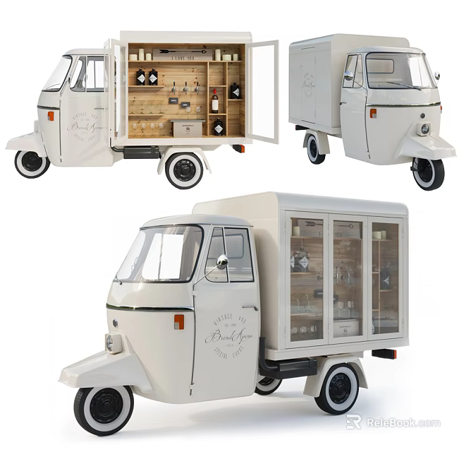 White Utility Vehicle with Open Shelves Display Cabinets and Cargo Compartment Design 3d model 
