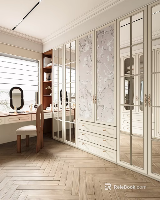 Elegant Modern Walk In Closet With Glass Doors And Vanity Area 3d model 