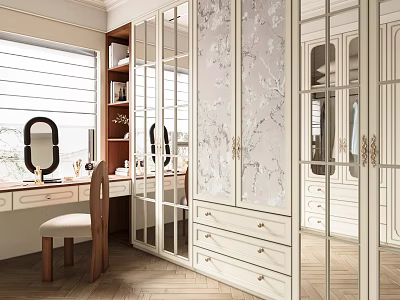 Elegant Modern Walk In Closet With Glass Doors And Vanity Area 3d model