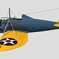 Blue and Yellow Vintage Biplane Fighter Aircraft with U.S. Star Insignia and American Flag Tail