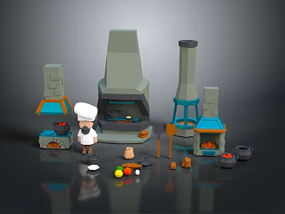 Chef Figurine With Multiple Kitchen Stoves Cooking Tools And Colorful Food Ingredients 3d model