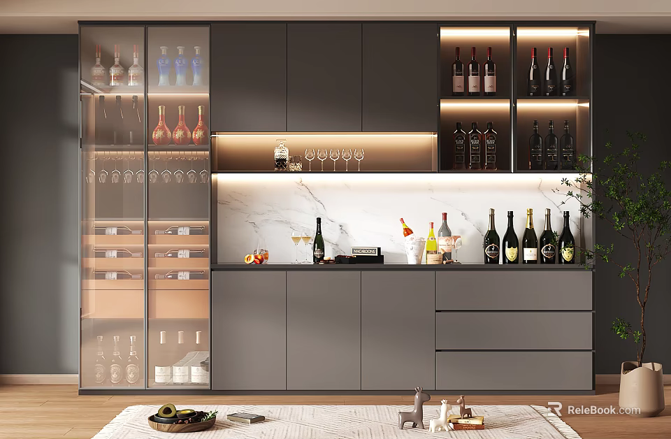 Modern Wine Cabinet With Glass Doors LED Lighting Marble Countertop And Wine Bottles 3d model 