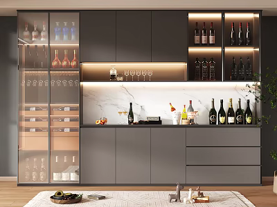 Modern Wine Cabinet With Glass Doors LED Lighting Marble Countertop And Wine Bottles 3d model