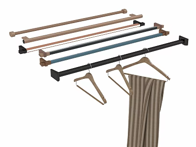 Different Colored Hanger Rods With Wooden Hangers And Striped Fabric For Closet 3d model