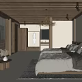 Minimalist Hotel Guest Room With Wooden Ceiling Large Windows And Rattan Chandelier