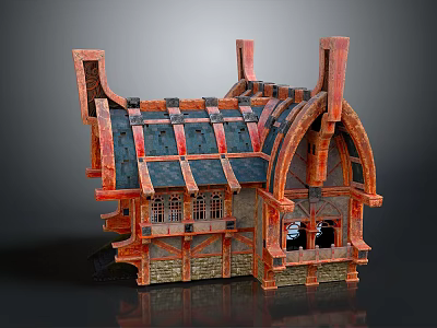 Cartoon Style Medieval House 3D Model With Red Brown Structure Black Roof And Arched Windows 3d model