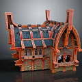 Cartoon Style Medieval House 3D Model With Red Brown Structure Black Roof And Arched Windows