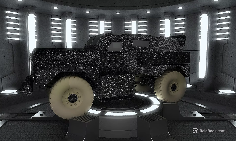 Modern Display Shelf Featuring Circular Platform For Showcasing Textured Truck With White Lights 3d model 