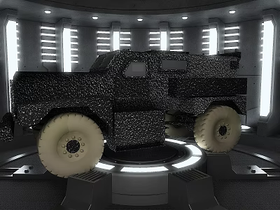 Modern Display Shelf Featuring Circular Platform For Showcasing Textured Truck With White Lights 3d model