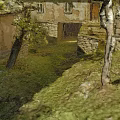 Charming Cartoon Scene With Old Houses Yard Trees And Lush Green Grass