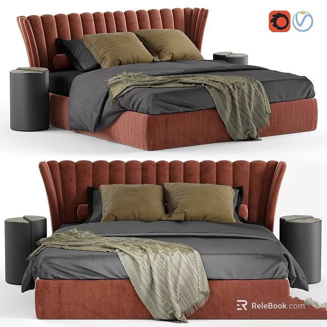 Modern Bedroom Bed With Red Headboard Gray Bedsheets Brown Pillows And Black Nightstands 3d model 