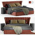 Modern Bedroom Bed With Red Headboard Gray Bedsheets Brown Pillows And Black Nightstands