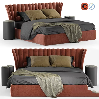 Modern Bedroom Bed With Red Headboard Gray Bedsheets Brown Pillows And Black Nightstands 3d model