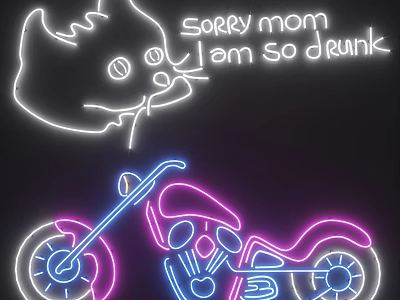Vibrant Neon Decorative Lights With Cat And Motorcycle Patterns In Pink Blue 3d model