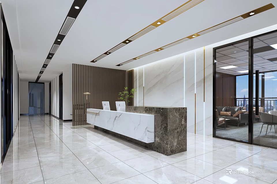 Modern Office Reception Area With White And Gray Marble Desk Wooden Paneling And Glass Partitions 3d model 