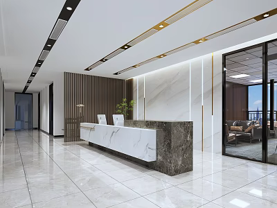 Modern Office Reception Area With White And Gray Marble Desk Wooden Paneling And Glass Partitions 3d model