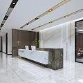 Modern Office Reception Area With White And Gray Marble Desk Wooden Paneling And Glass Partitions