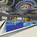 Modern Indoor Swimming Pool With Grid Pattern Ceiling And Glass Windows 3d model