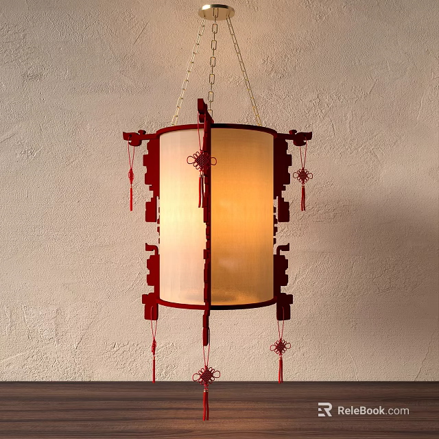 Traditional Chinese Lantern with Red Frame White Shade Tassel Decorations Hanging in Interior Space 3d model 