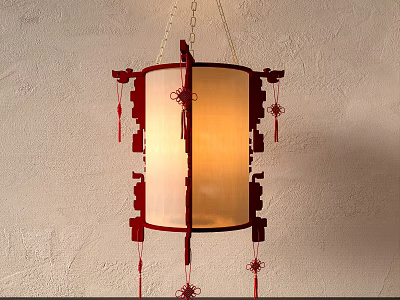 Traditional Chinese Lantern with Red Frame White Shade Tassel Decorations Hanging in Interior Space 3d model
