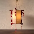 Traditional Chinese Lantern with Red Frame White Shade Tassel Decorations Hanging in Interior Space