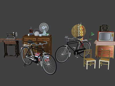 Vintage Decorative Ornament Set With Sewing Machine Fan Bicycle TV And Wooden Chairs 3d model