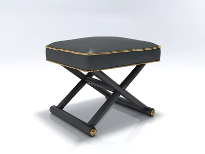 Black Leather Upholstered Square Stool With Gold Accents Crossed Legs And Gold Feet 3d model