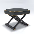 Black Leather Upholstered Square Stool With Gold Accents Crossed Legs And Gold Feet