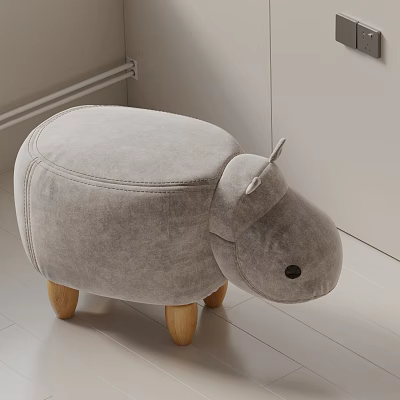 Cute Hippo Shaped Gray Side Table With Soft Fabric And Wooden Legs 3d model
