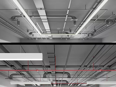Industrial Suspended Ceiling With Metal Framework Piping Layout And Lighting Strips 3d model