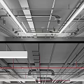 Industrial Suspended Ceiling With Metal Framework Piping Layout And Lighting Strips