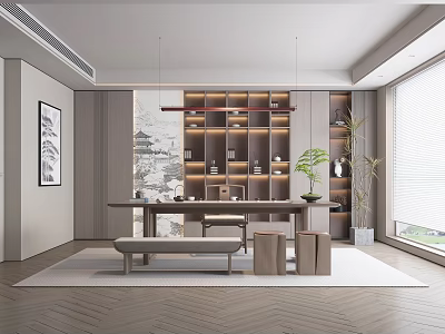 Elegant Tea Room Interior With Long Wooden Table Layered Bookshelves Green Plants And Natural Light 3d model