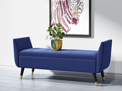 Blue Upholstered Ottoman Bench With Potted Plant And Wall Art Decor 3d model