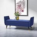 Blue Upholstered Ottoman Bench With Potted Plant And Wall Art Decor