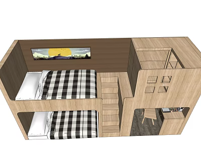 Modern Wooden Bunk Bed With Checkered Mattress Stairs Desk Bookshelf And Window 3d model