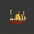Yellow Food Shaped Dessert With Candles Small Cups And Pink White Container On Red Base