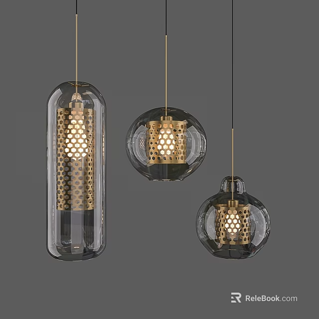 Modern Pendant Lights With Transparent Glass Shades Gold Metal Hollow Details And Varied Shapes 3d model 