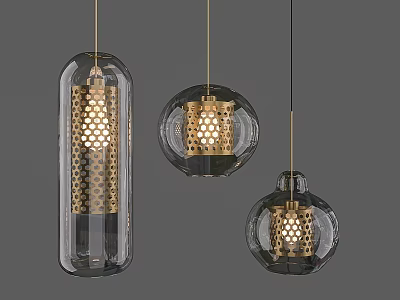 Modern Pendant Lights With Transparent Glass Shades Gold Metal Hollow Details And Varied Shapes 3d model