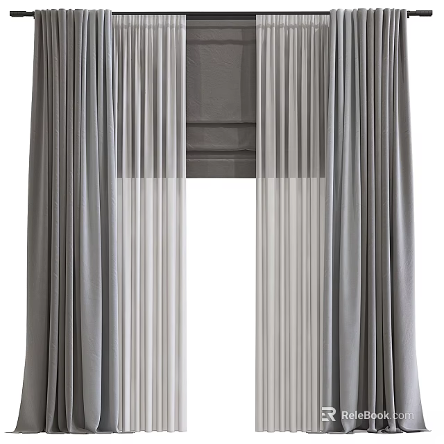 Elegant Gray And White Layered Curtains For Modern Home Window Decor 3d model 