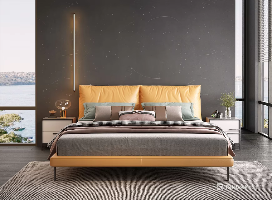Modern Double Bed With Yellow Leather Headboard Dark Wall Light Strip Nightstands And Window View 3d model 