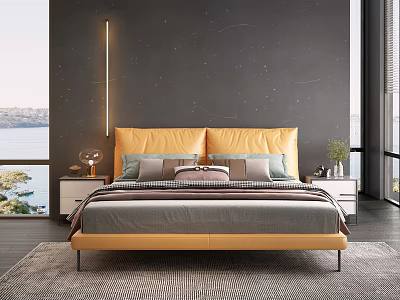 Modern Double Bed With Yellow Leather Headboard Dark Wall Light Strip Nightstands And Window View 3d model