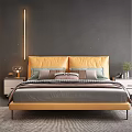 Modern Double Bed With Yellow Leather Headboard Dark Wall Light Strip Nightstands And Window View