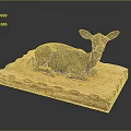 Bronze Deer Sculpture Reclining On Decorative Wooden Base With Intricate Carved Patterns