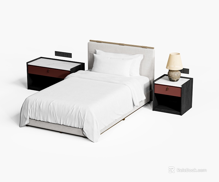 Single Bed with White Sheets Light Wooden Headboard Black Red Nightstands and Beige Lamp 3d model 