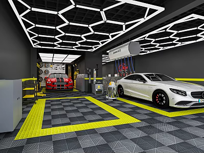 Modern Car Dealership Showroom With Displayed Cars Hexagonal Ceiling Lights And Checkered Floor 3d model