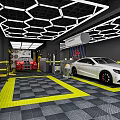 Modern Car Dealership Showroom With Displayed Cars Hexagonal Ceiling Lights And Checkered Floor