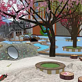 Orange White School Building With Arched Windows Playground Green Slide Pond And Red Flowering Tree