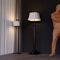 Modern Floor Lamp With White Lampshade In Dark Wall Room With Curtains And Sculpture