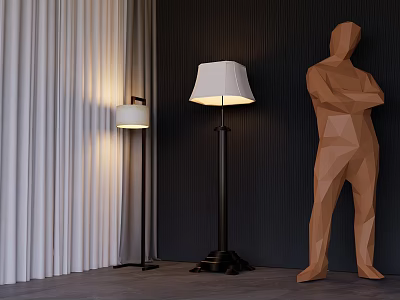 Modern Floor Lamp With White Lampshade In Dark Wall Room With Curtains And Sculpture 3d model